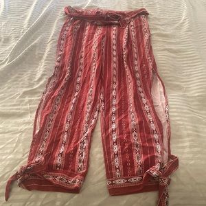 Split knotted side belted tribal print pants